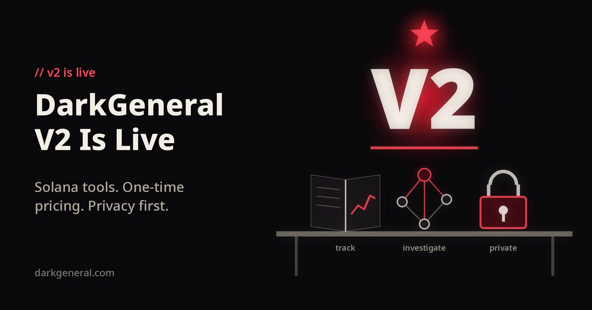 Illustration on a near-black background: a large bone-white V2 mark under a red star insignia, above a workbench holding an open journal with a red line, a linked-wallet graph and a red padlock, beside the title DarkGeneral V2 Is Live