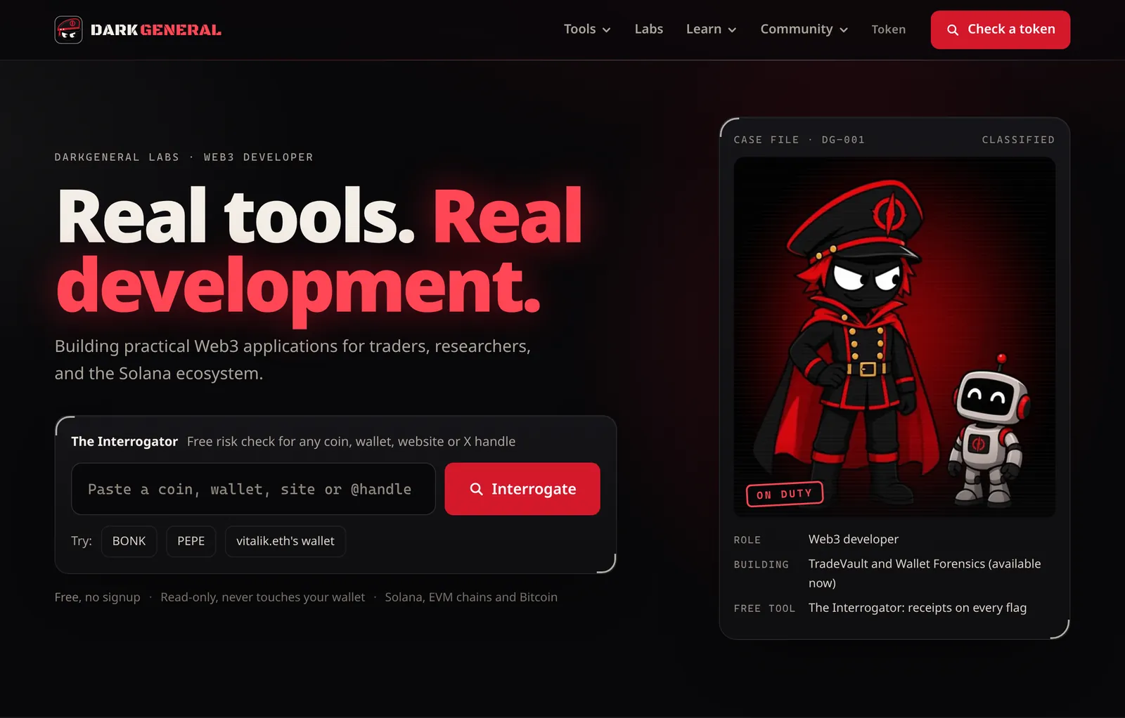 DarkGeneral home page on desktop: the DarkGeneral logo and menu, the headline Real tools. Real development., The Interrogator search box and the DarkGeneral character case-file card