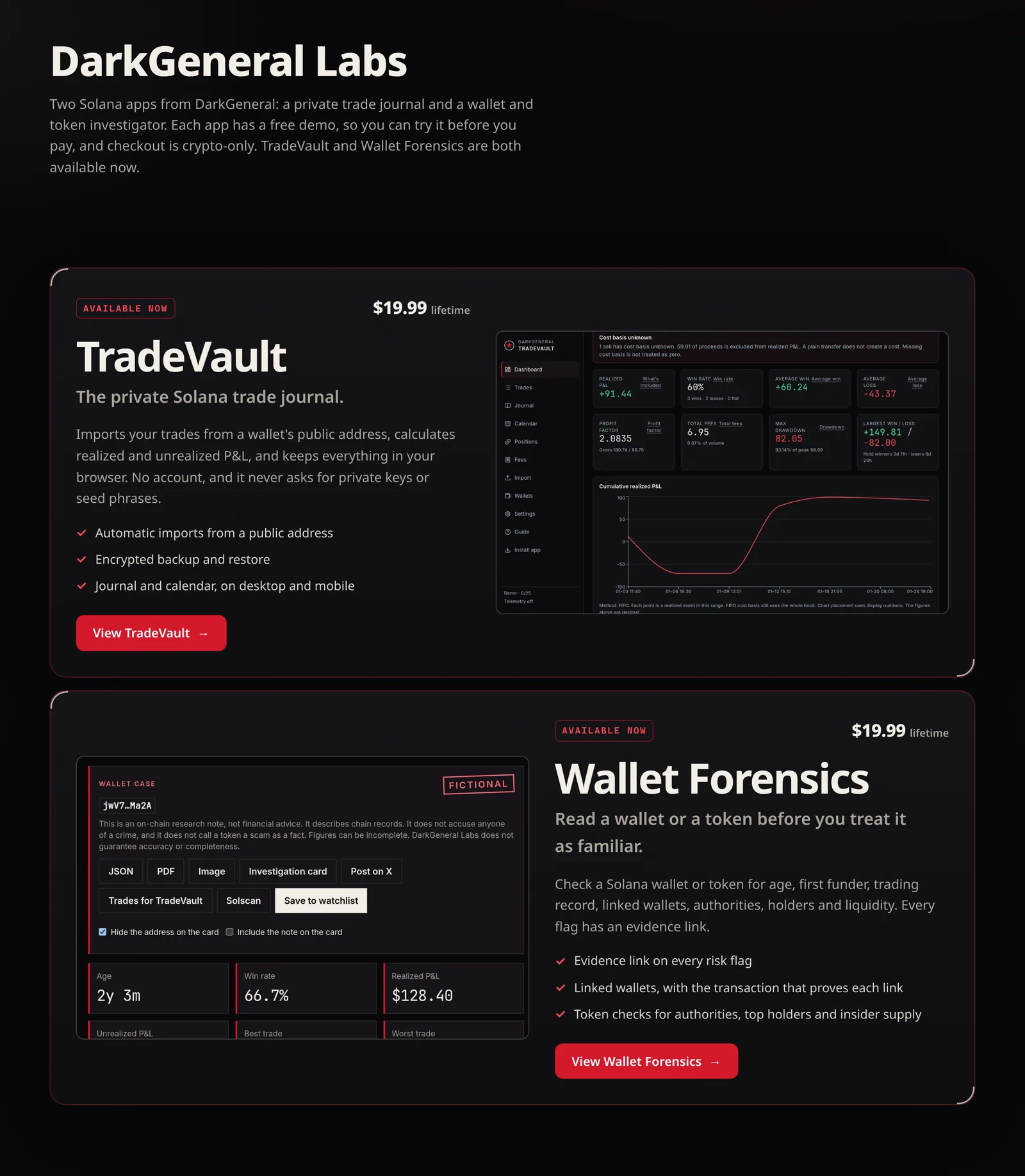 DarkGeneral Labs page listing TradeVault and Wallet Forensics, each marked Available now at $19.99 lifetime, with a dashboard preview and a View button for each app