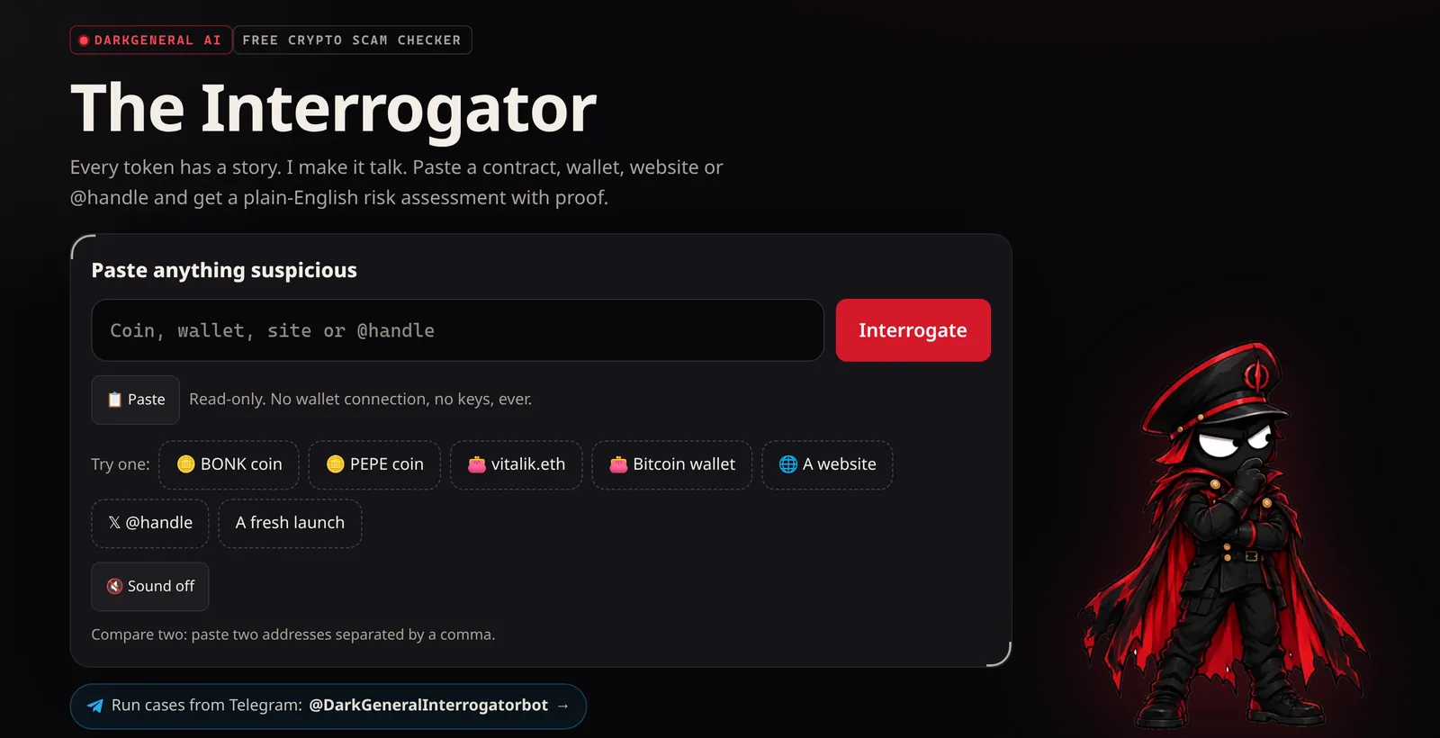 The Interrogator page: a box to paste a coin, wallet, website or X handle, an Interrogate button, one-click examples and the Telegram bot link
