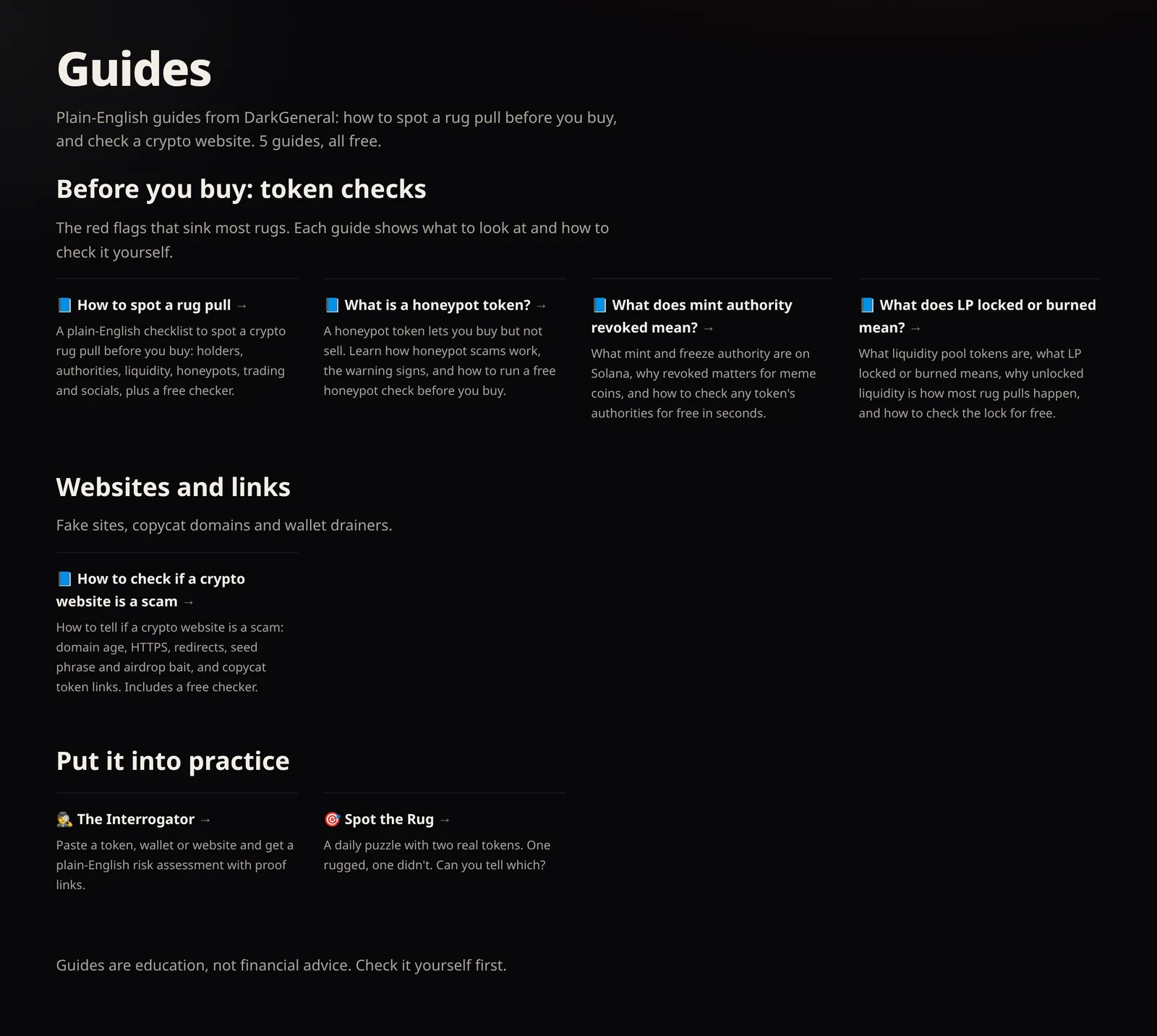 DarkGeneral Guides page with plain-English guides on spotting rug pulls, honeypot tokens, mint authority, LP locks and crypto website scams