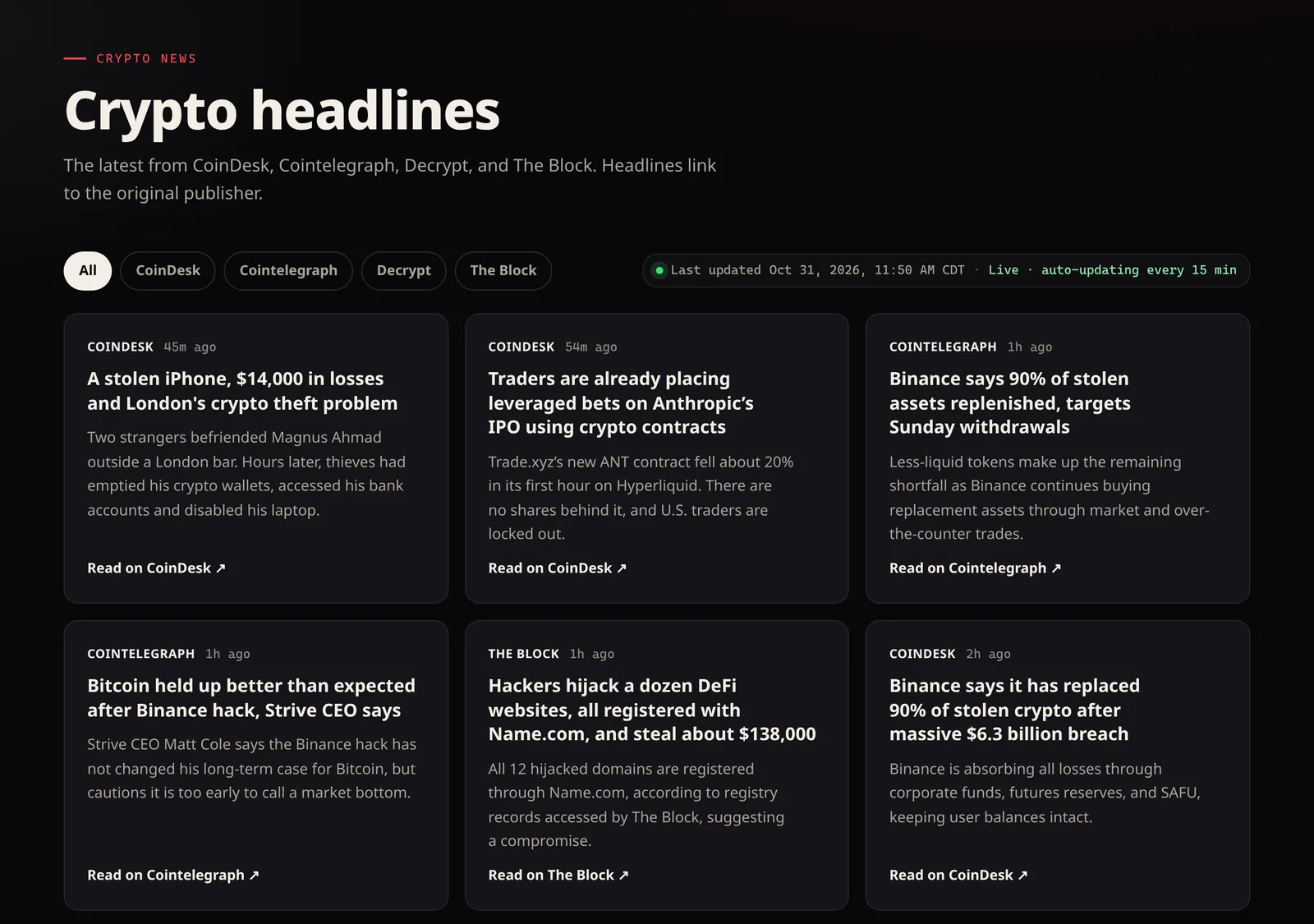 DarkGeneral Crypto News page with headline cards from CoinDesk, Cointelegraph, Decrypt and The Block and filter buttons for each source