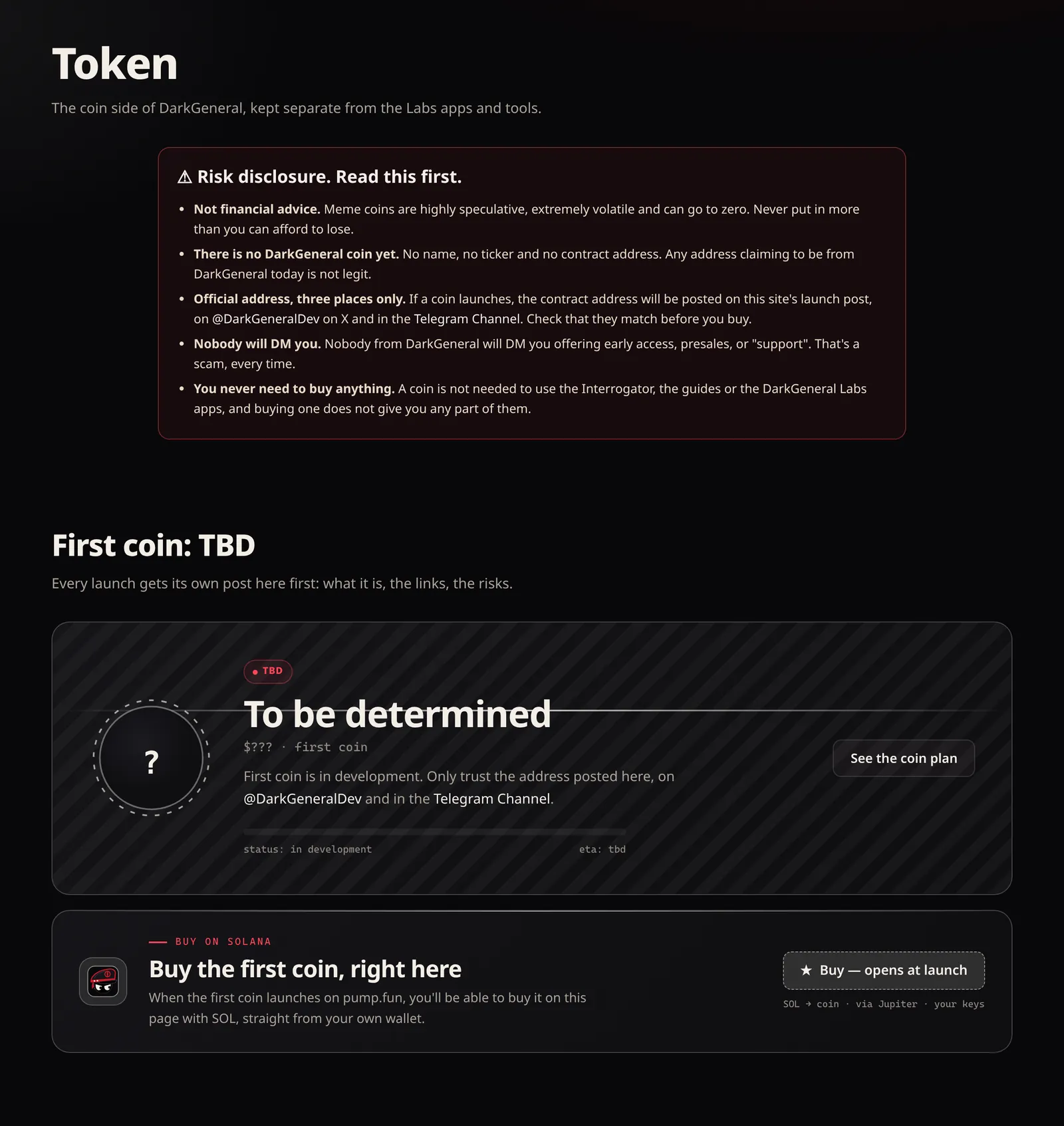 DarkGeneral Token page with a risk disclosure box and a First coin: TBD card showing that no coin has launched