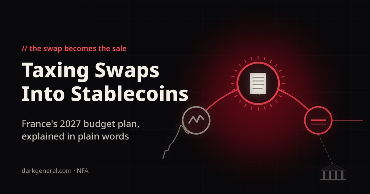 Illustration of a pale grey volatile coin with a jagged trail swapping along a red arc into a flat-lined red stablecoin, with a red tax seal holding a checked document stamped at the swap itself and a dim bank reached only by a dashed line: France's plan to tax the swap rather than the cash-out.
