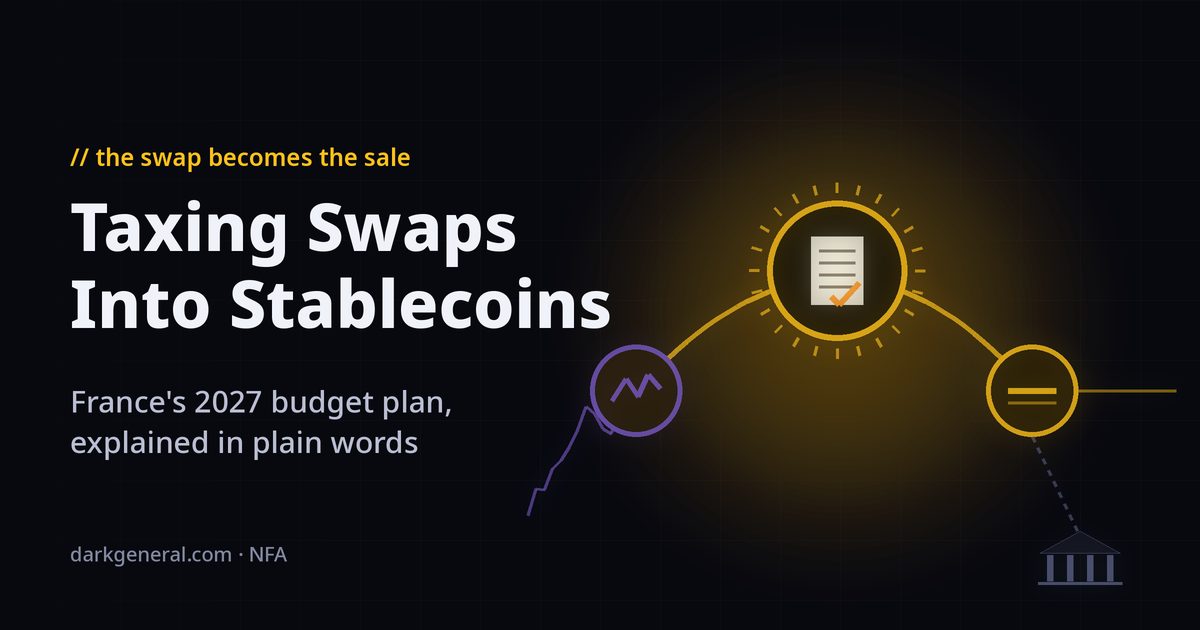 Illustration of a purple volatile coin with a jagged trail swapping along a gold arc into a flat-lined gold stablecoin, with a gold tax seal holding a checked document stamped at the swap itself and a dim bank reached only by a dashed line: France's plan to tax the swap rather than the cash-out.