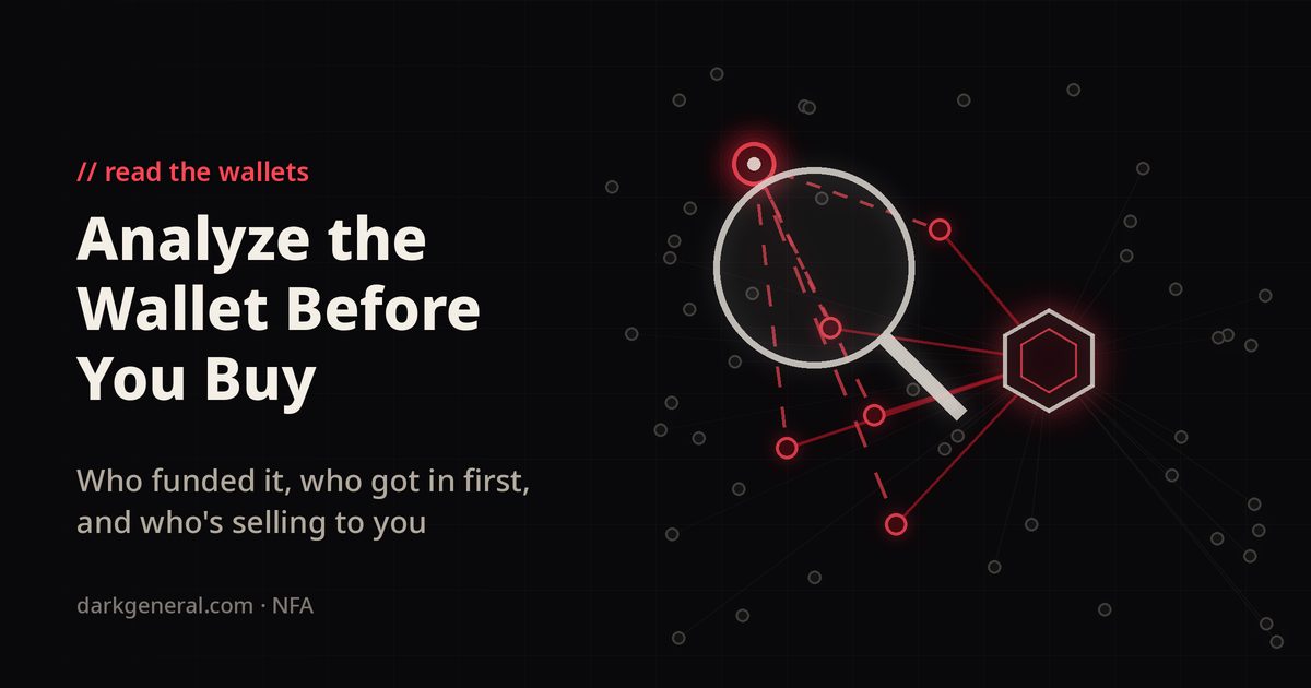 Illustration on a near-black background of one red creator wallet sending dashed funding lines to a few red wallets that all buy into a single token hexagon, with a pale magnifying glass over those hidden links and many grey independent wallets around them, showing how to trace who funded a Solana token's early buyers.
