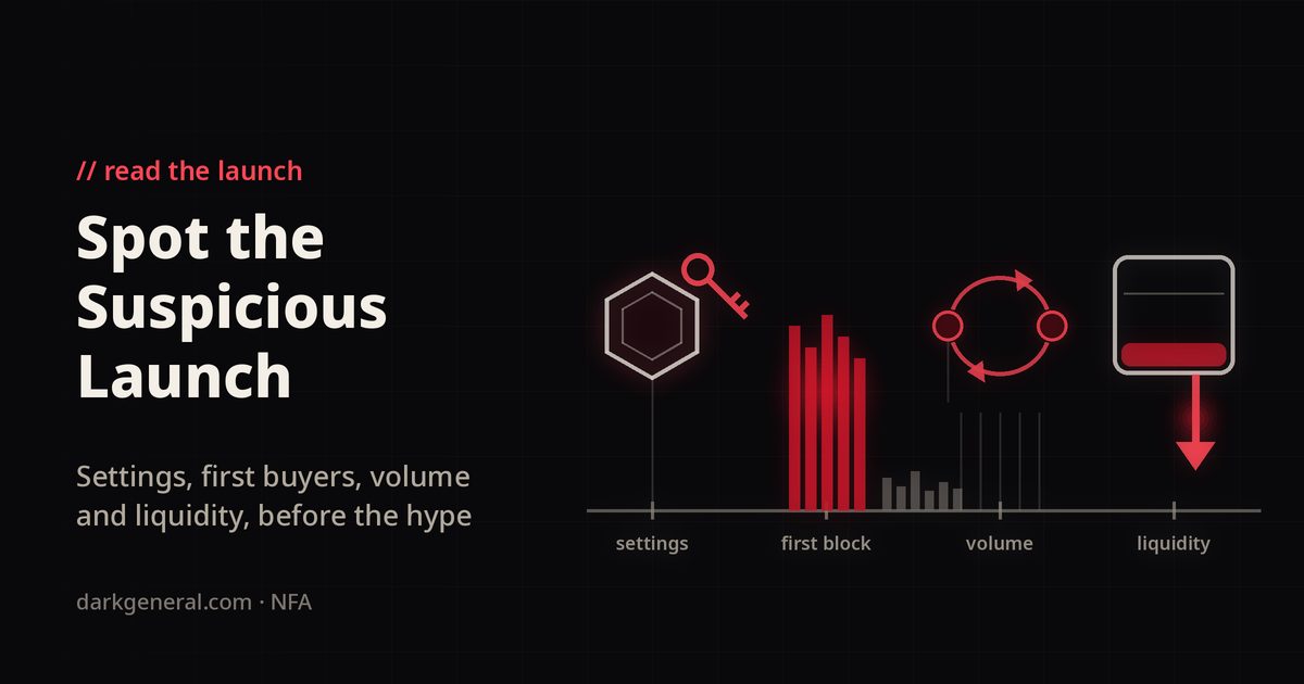Illustration on a near-black background of a launch timeline with four signals: a pale token hexagon with a red key for hidden token powers, a tight cluster of tall red buy bars at the first block, two red wallets trading in a loop for fake volume, and a nearly empty pool draining through a red arrow for pulled liquidity.