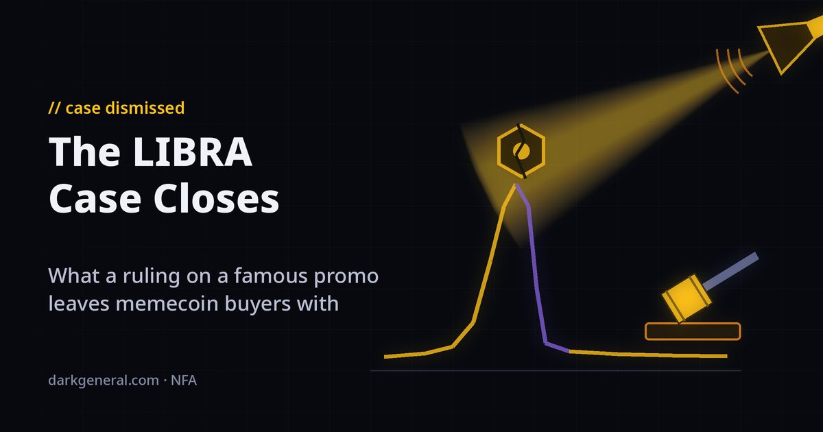 Illustration of a gold megaphone casting a spotlight on a cracked hexagonal token at the top of a gold line that spikes and then collapses in purple, with a judge's gavel resting on a block, showing a famous endorsement, the LIBRA memecoin crash and the dismissed court case.
