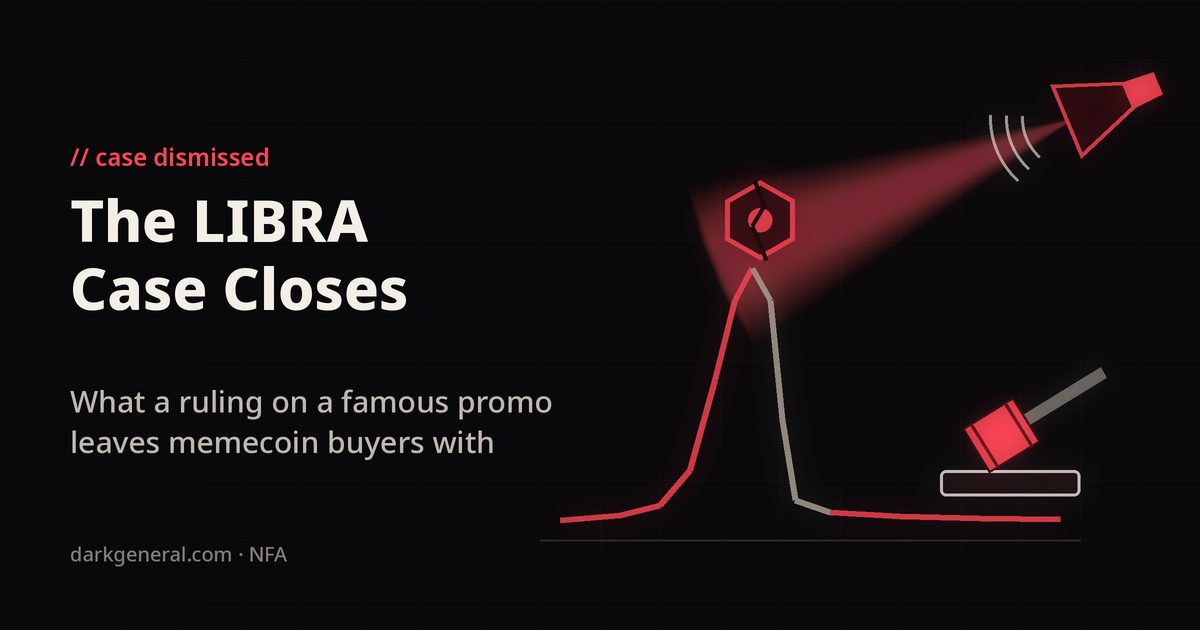 Illustration of a red megaphone casting a spotlight on a cracked hexagonal token at the top of a red line that spikes and then collapses in grey, with a judge's gavel resting on a block, showing a famous endorsement, the LIBRA memecoin crash and the dismissed court case.