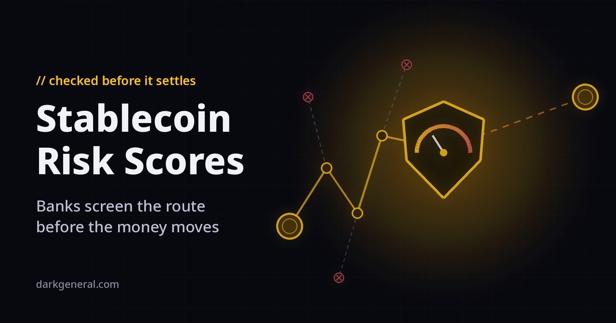Illustration of a gold stablecoin payment route hopping through several wallet nodes, with side branches ending at red-crossed flagged nodes, stopped at a gold shield holding a risk gauge before a dashed line to the receiver: Mastercard's Stablecoin Security scoring a payment before it settles.