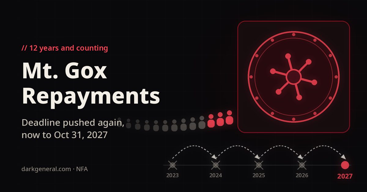 Illustration of a heavy red vault door with a long queue of small figures still waiting outside it, above a deadline track where the marker hops forward from 2023 to 2024, 2025, 2026 and finally 2027, each old year crossed out: Mt. Gox creditors still waiting as the repayment deadline keeps moving.