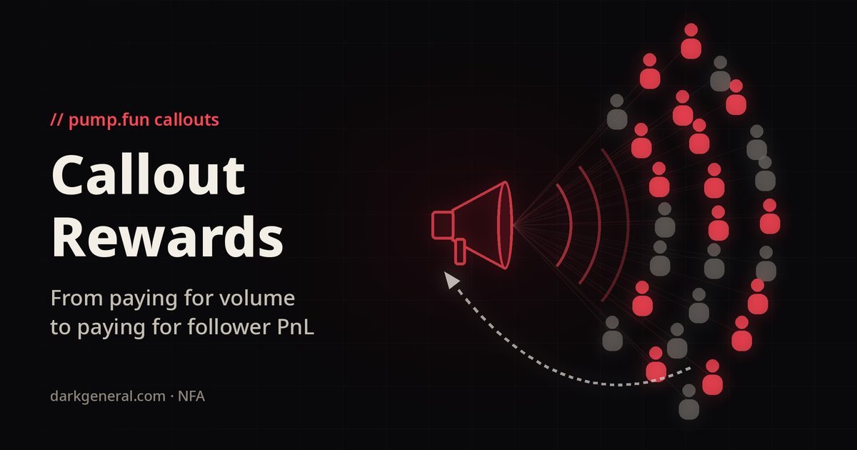 Illustration of a red megaphone broadcasting a callout to a fanned-out crowd of followers, some glowing red and some dim, with a dashed line running from the crowd back to the caller: Pump.fun callout rewards now tie a caller's pay to how their followers do.
