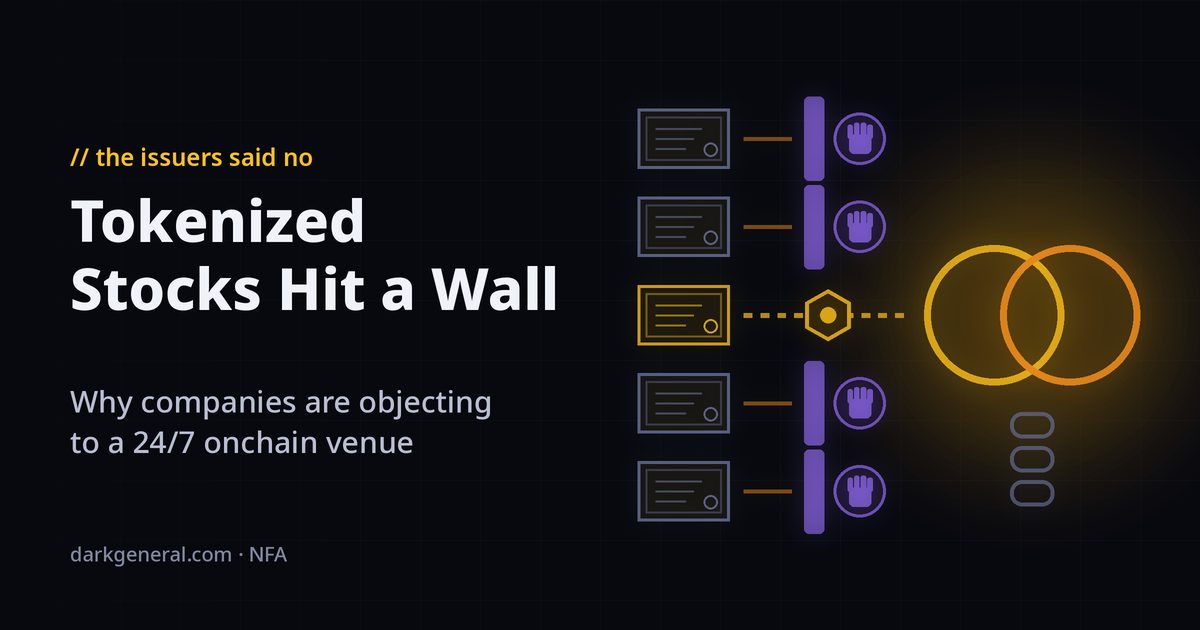 Illustration of five blank share certificates with arrows heading toward a pair of linked gold pool rings on a chain; four lanes are blocked by purple barriers with raised-hand stop marks and only one gets through as a gold hexagonal token, showing companies objecting to their stock being tokenized on the OKXICE venue.