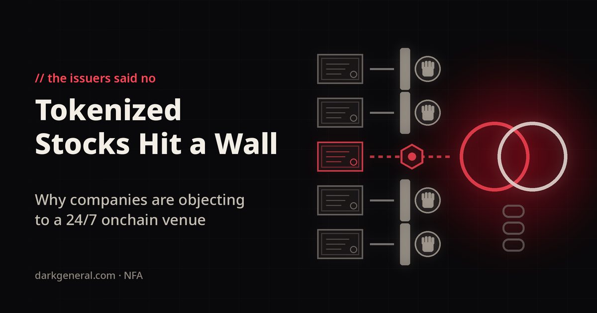 Illustration of five blank share certificates with arrows heading toward a pair of linked red pool rings on a chain; four lanes are blocked by grey barriers with raised-hand stop marks and only one gets through as a red hexagonal token, showing companies objecting to their stock being tokenized on the OKXICE venue.
