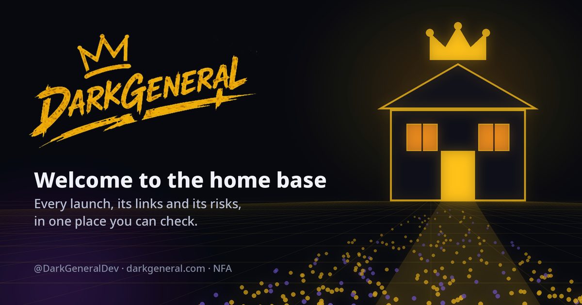 The DarkGeneral crown logo next to a gold-outlined house with a crown on its roof, lit windows and an open door, with a trail of small community lights heading toward it: this site as the home base for every DarkGeneral launch.