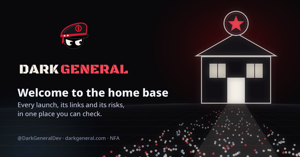 The DarkGeneral logo next to a bone-outlined house with a red star insignia above its roof, lit windows and an open door, with a trail of small community lights heading toward it: this site as the home base for every DarkGeneral launch.