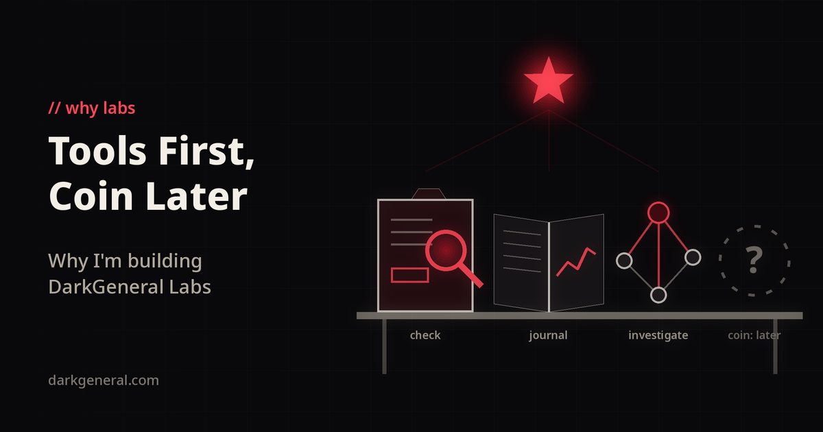Illustration on a near-black background of a workbench under a red star insignia holding three finished tools: a case file with a red magnifier for the Interrogator, an open journal with a red line for TradeVault and a red-and-pale linked-wallet graph for Wallet Forensics, with only a dashed grey coin outline and a question mark at the end, because the coin comes later.