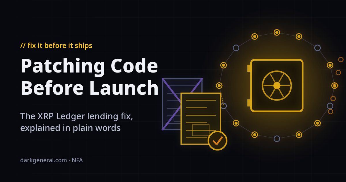 Illustration of a gold vault of pooled funds inside a ring of validator nodes, most lit gold and some dim, with a struck-through original blueprint behind a revised gold blueprint carrying a check mark and a dashed path up to the ring: the XRP Ledger lending protocol being revised before validators approve it.