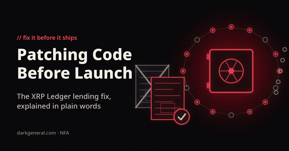 Illustration of a red vault of pooled funds inside a ring of validator nodes, most lit red and some dim, with a struck-through original blueprint behind a revised red blueprint carrying a check mark and a dashed path up to the ring: the XRP Ledger lending protocol being revised before validators approve it.