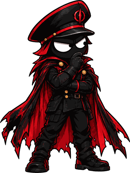 Dark General, the Interrogator, in a black officer's cap and red-lined cape