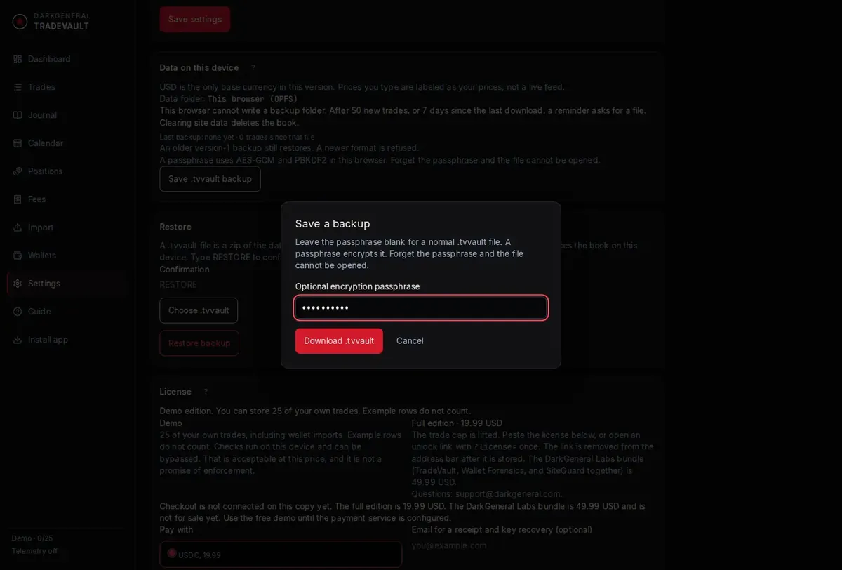 Backup dialog with the optional passphrase masked.