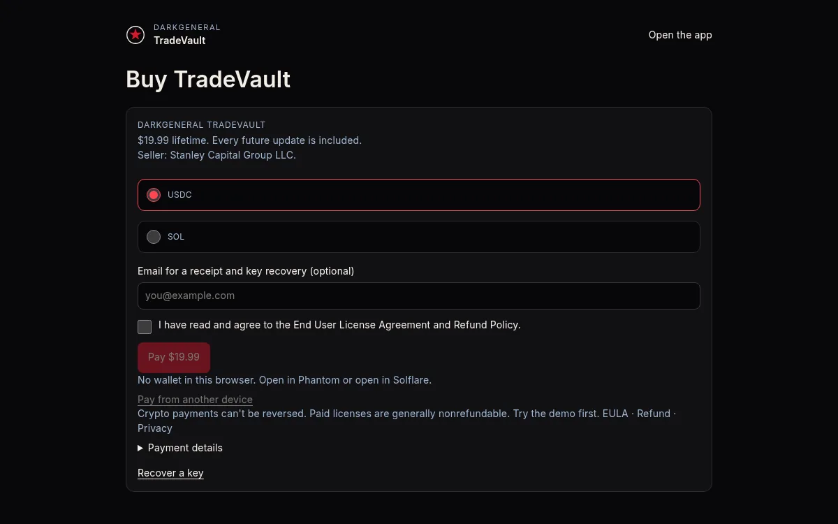 TradeVault checkout: USDC or SOL, optional email, the agreement checkbox and the Pay $19.99 button.