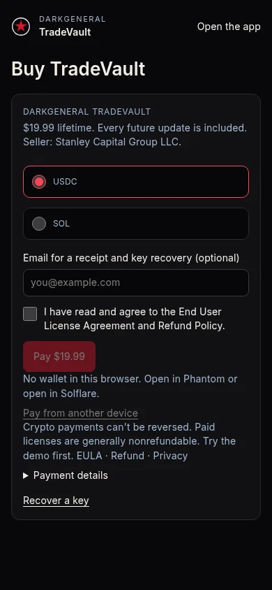 TradeVault checkout on a phone at a 390-pixel width.