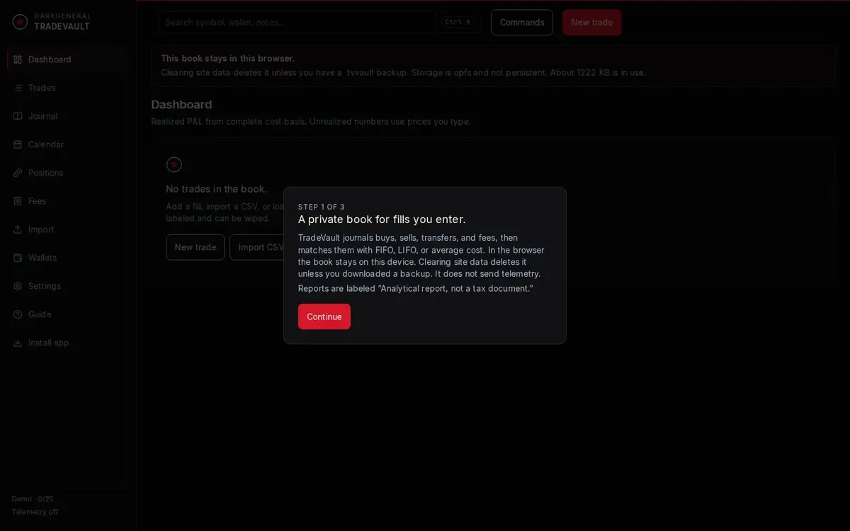 First launch of TradeVault, with the opening explanation and no book loaded yet.