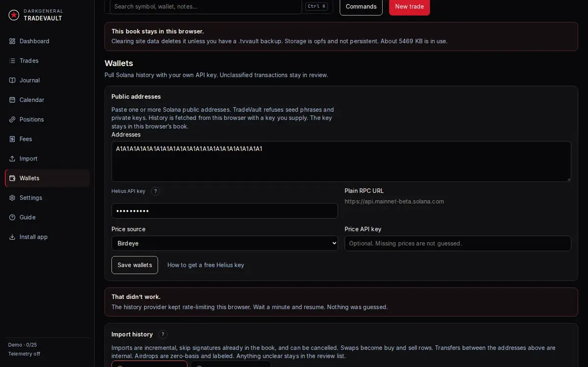 Wallet import stopped by a rate limit. The API key stays masked and the address is synthetic.