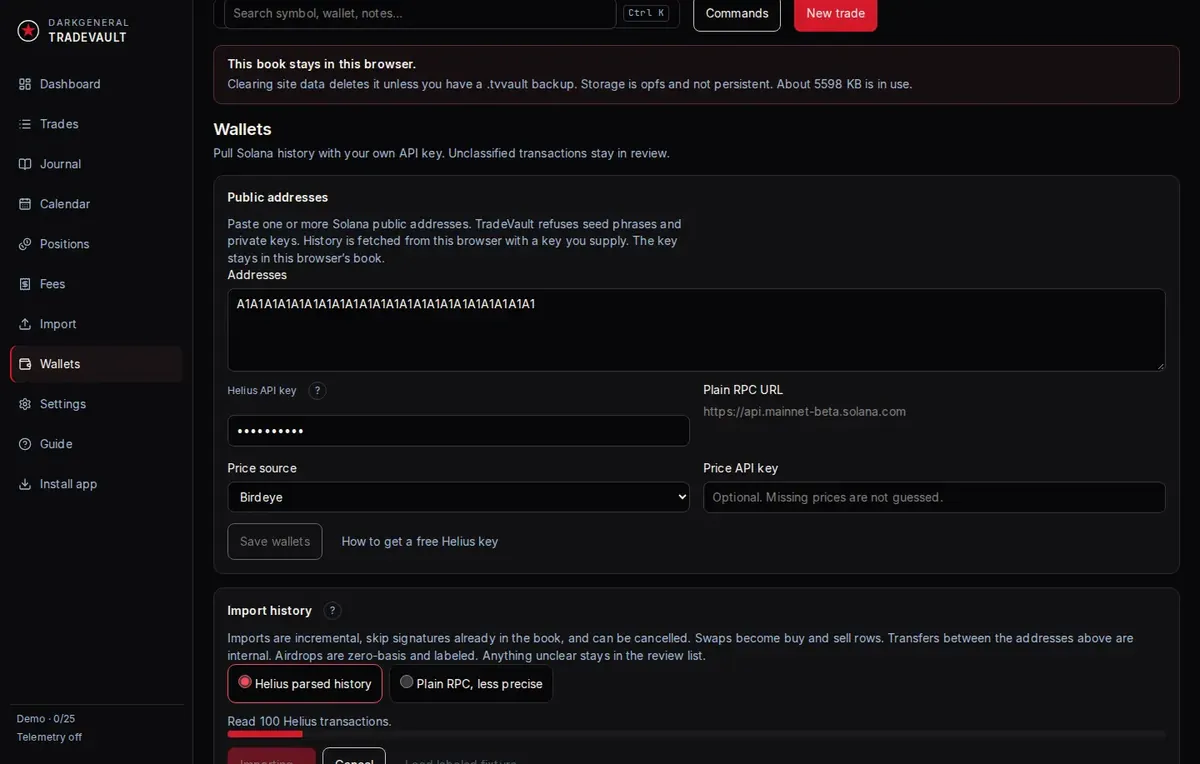 Wallet import in progress. The API key stays masked.