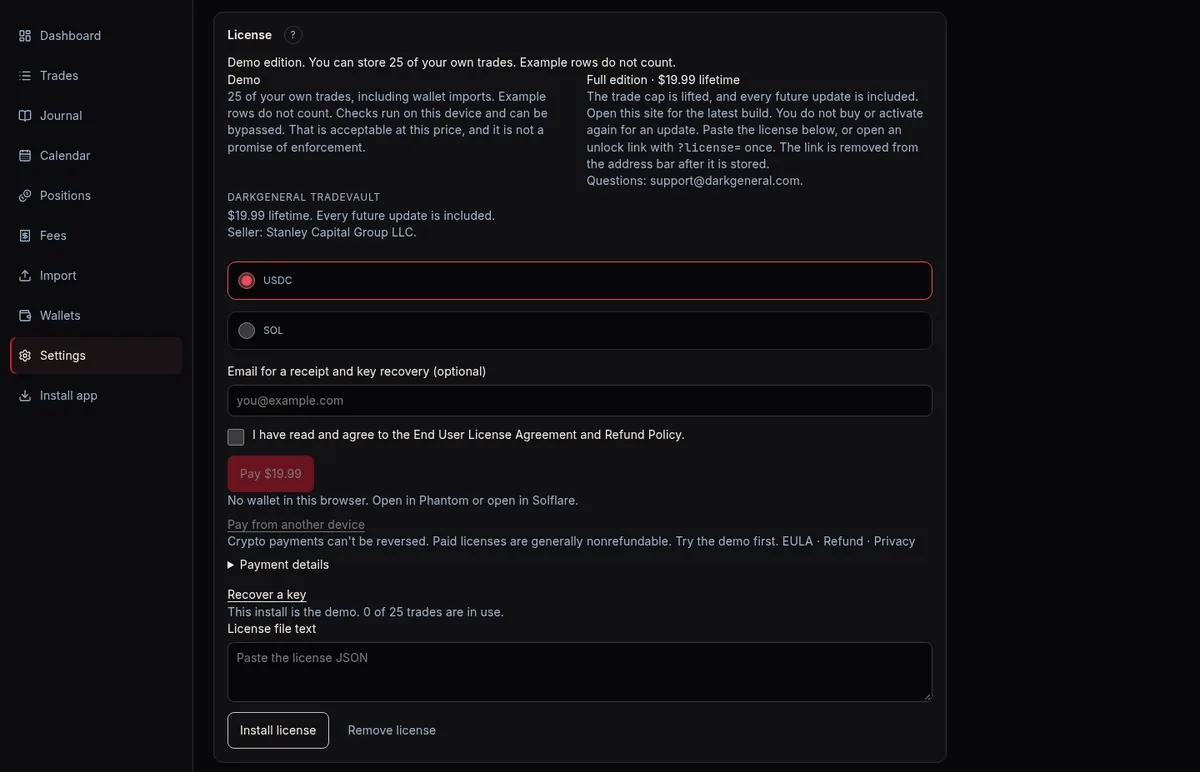 TradeVault Settings, License section, with the License file text box and the Install license button. No key is shown.