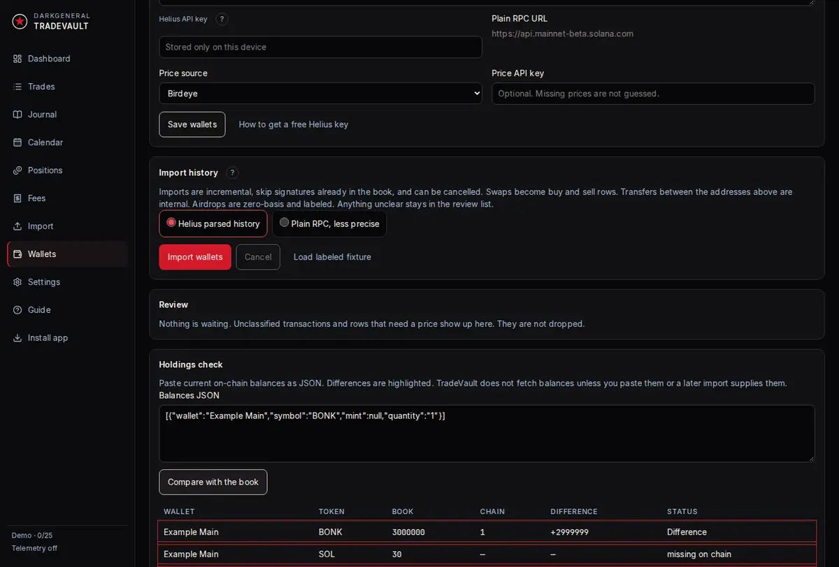 Holdings check comparing the example book with pasted balances. The wallet label is Example Main.