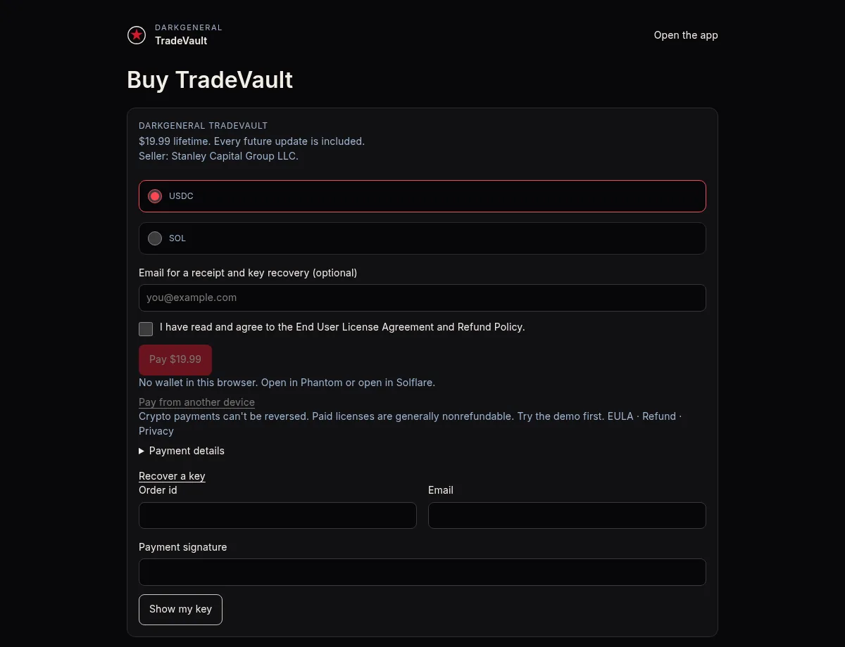 The Recover a key form on the TradeVault checkout, with the Payment signature field and the Show my key button.
