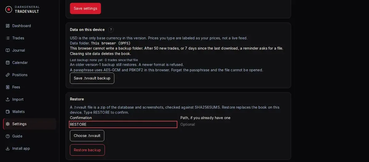 Restore section with the confirmation word filled in. No backup file is selected.