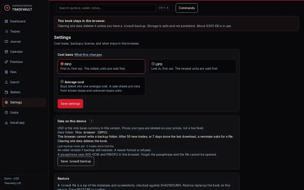 Settings overview: cost basis, device storage, and the backup control. No license key is shown.