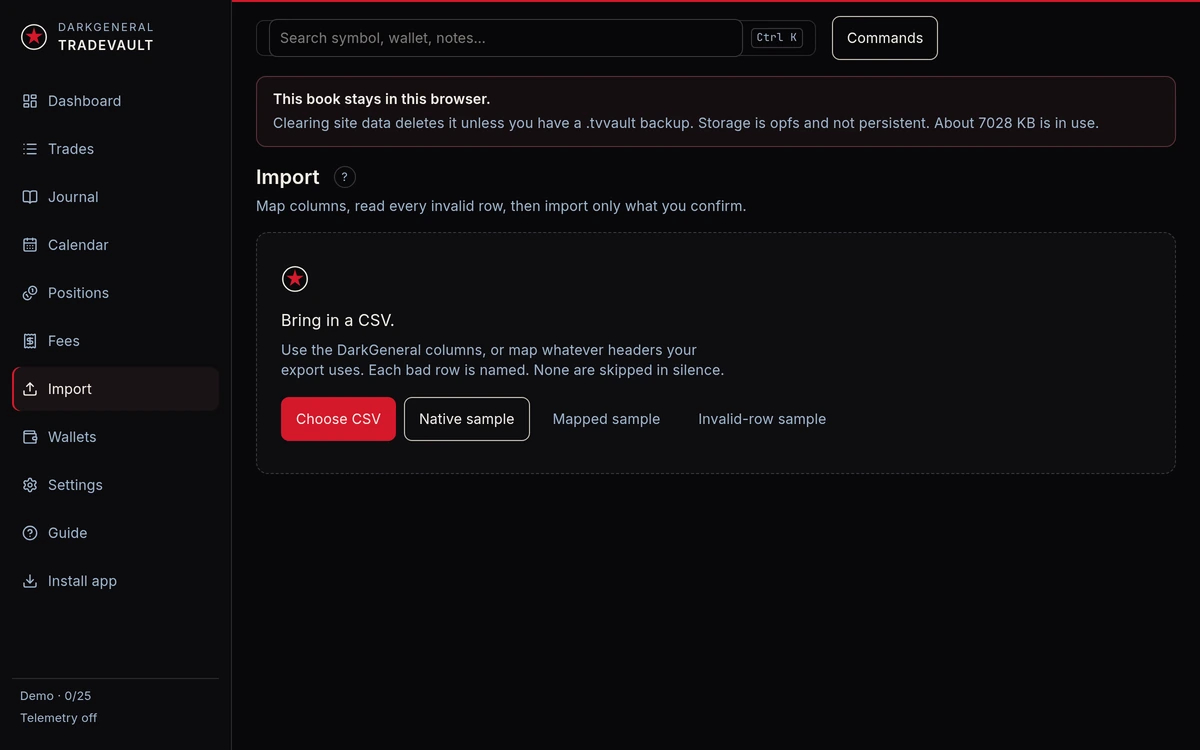 TradeVault import screen for bringing in trades from a CSV file