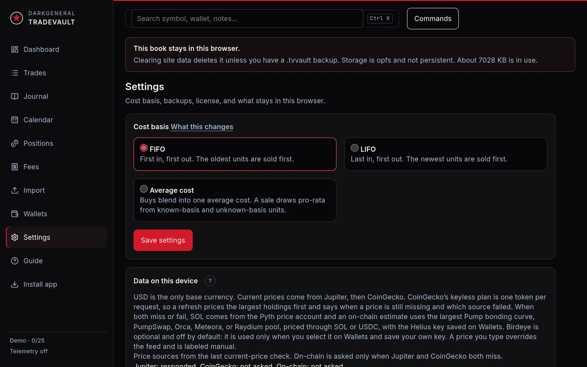 Settings overview: cost basis, device storage, and the backup control. No license key is shown.