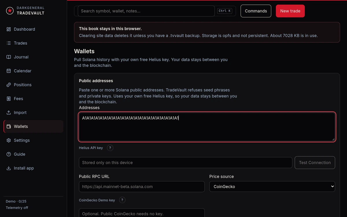 Adding a synthetic public address. The API key field is empty.