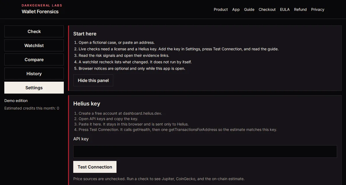 Wallet Forensics Settings with the Helius key steps and an empty API key field.