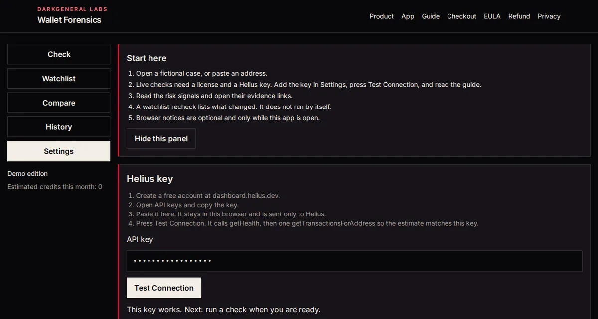 Settings after Test Connection, with the key masked and a one-line result.