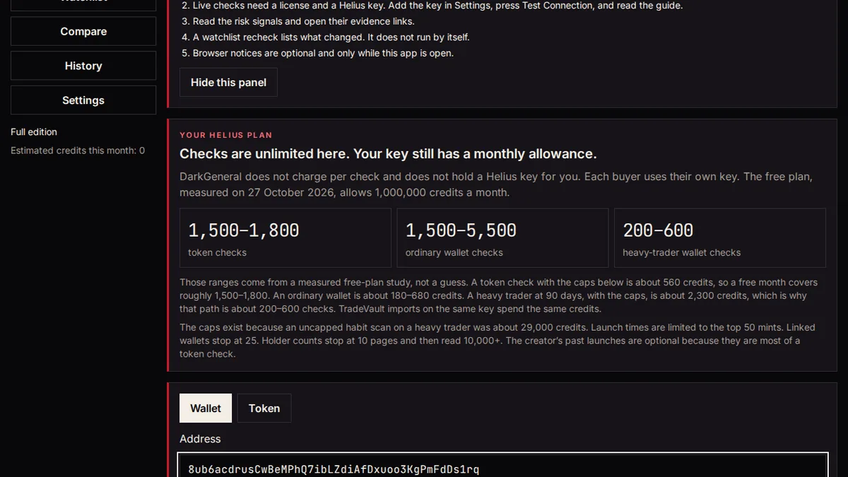 The Helius plan panel and the check form with Wallet selected and an address pasted.