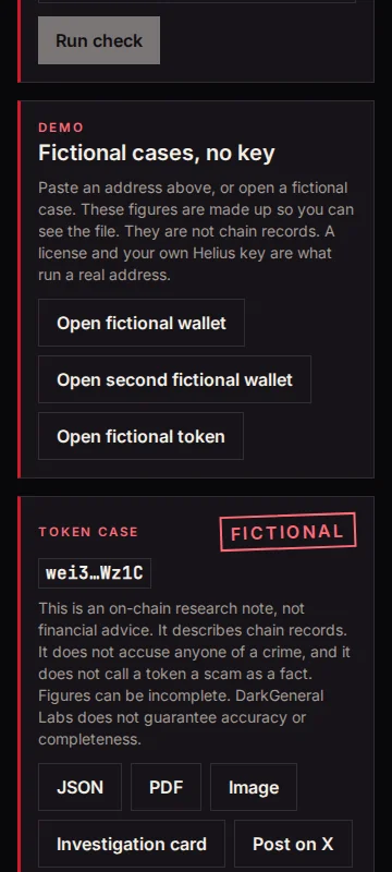 The demo panel and a fictional token case on a 360-pixel wide screen.